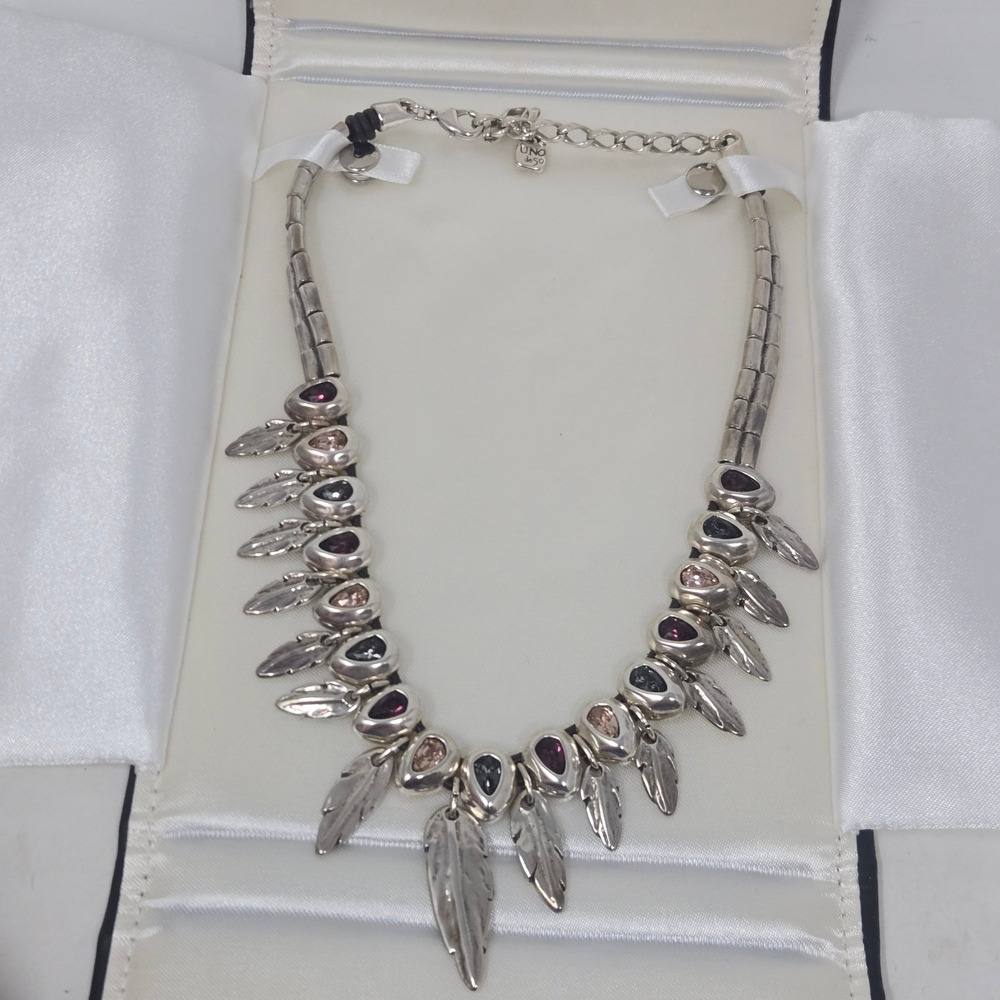 Uno de 50 Picoteo Silver Plated Crystal Feather Statement Necklace 16-19"